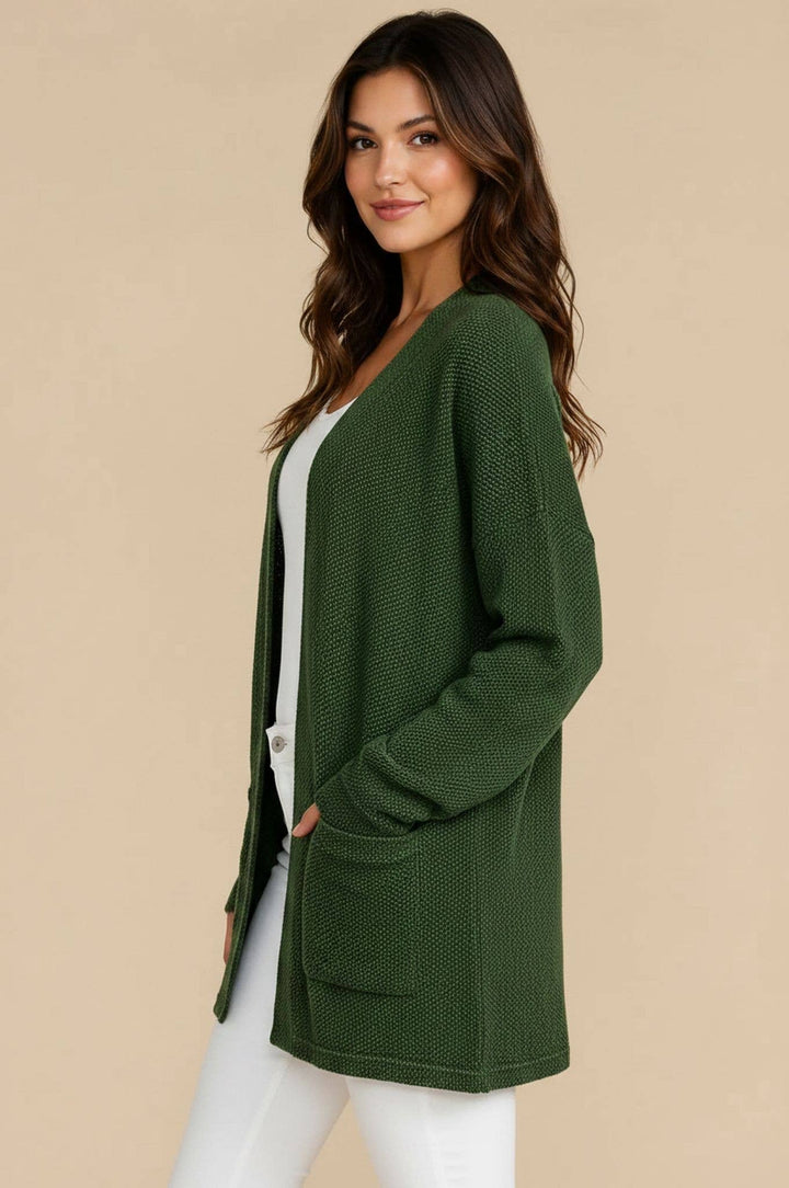 OLIVE JACQUARD KNIT OPEN CARDIGAN WITH POCKETS
