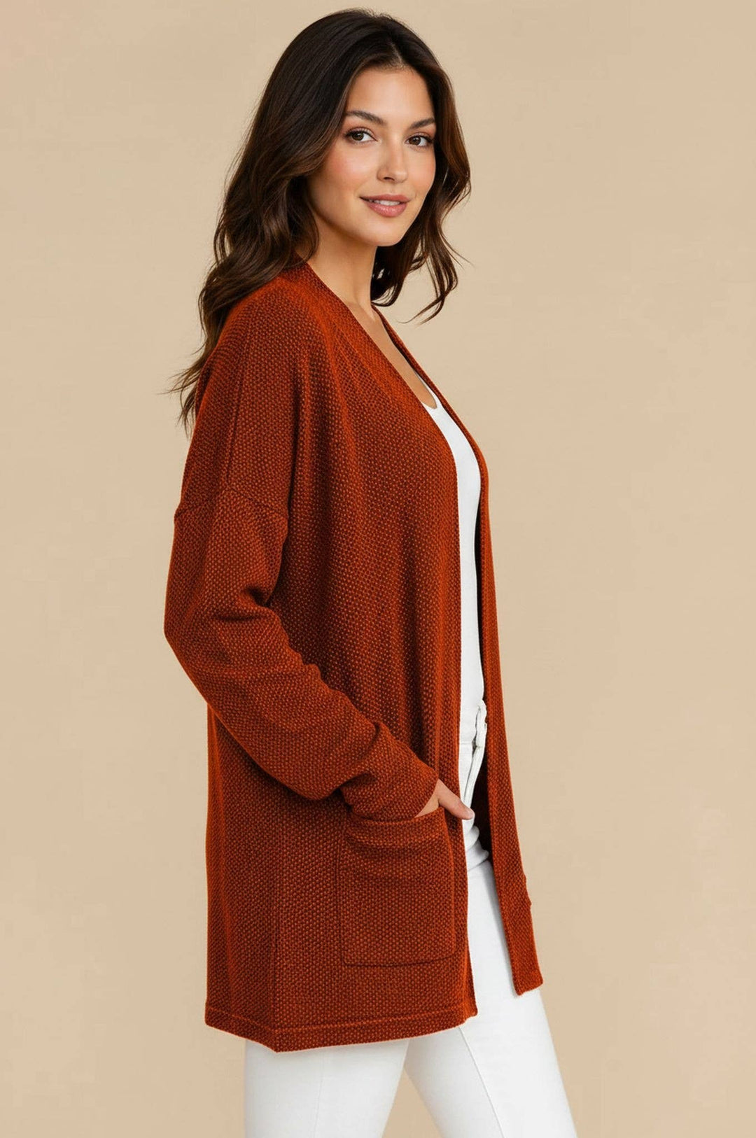 RUST JACQUARD KNIT OPEN CARDIGAN WITH POCKETS