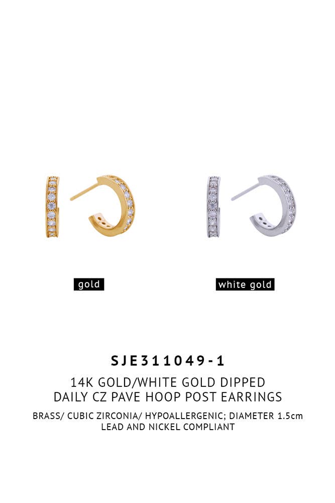 14K Daily CZ Pave Hoop Post Earring: Gold / 2.6 cm