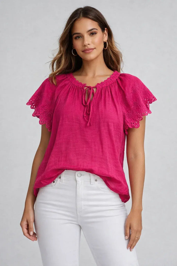 Tissue Faille Tie Front Blouse: Fuchsia