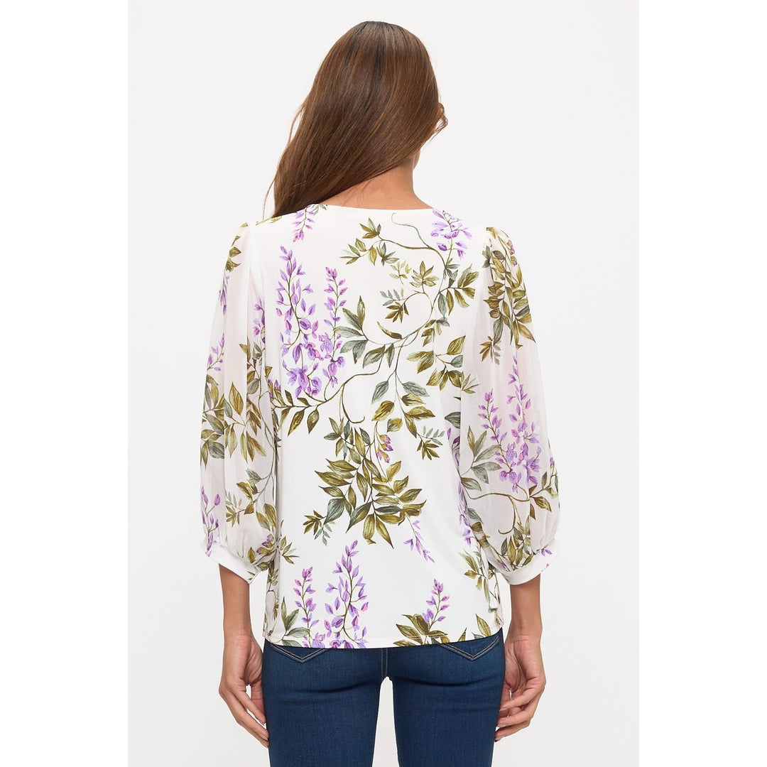 FLORAL SLIT SLEEVE PEARL TRIM BLOUSE: IVORY/GREEN/LILAC