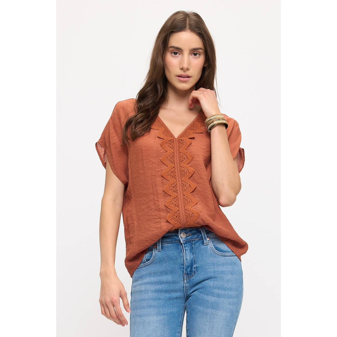 GAUZE VNECK CROCHET DOLMAN: Sunburn