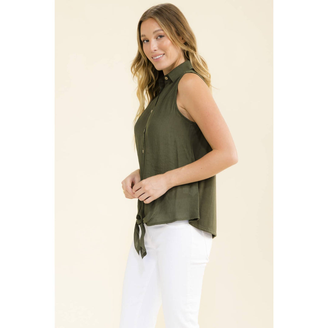 COLLAR TIE FRONT SHIRT: Olive Grey
