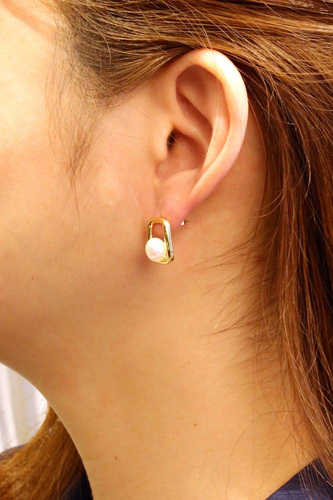 14K Square Pearl Post Earrings: White Gold