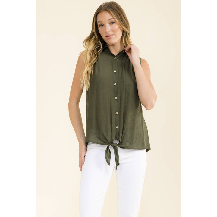 COLLAR TIE FRONT SHIRT: Olive Grey