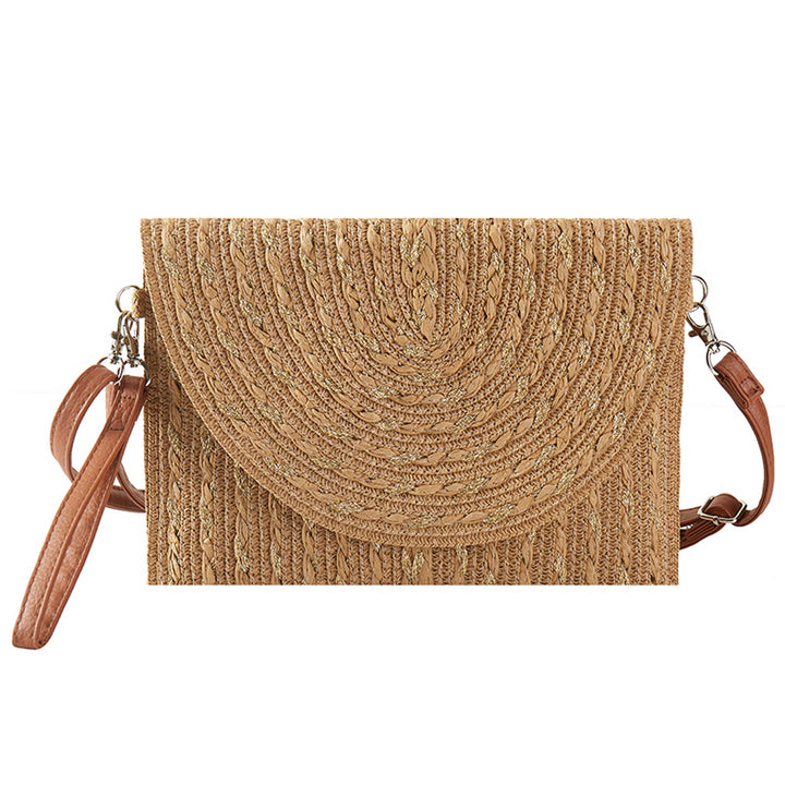 Gold Threads Mixed Striped Straw Clutch Crossbody Bag: Beige