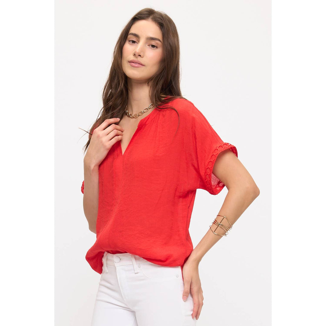 PAPAYA GAUZE SPLIT NECK CROCHET RUFFLE DOLMAN: Fiery Red