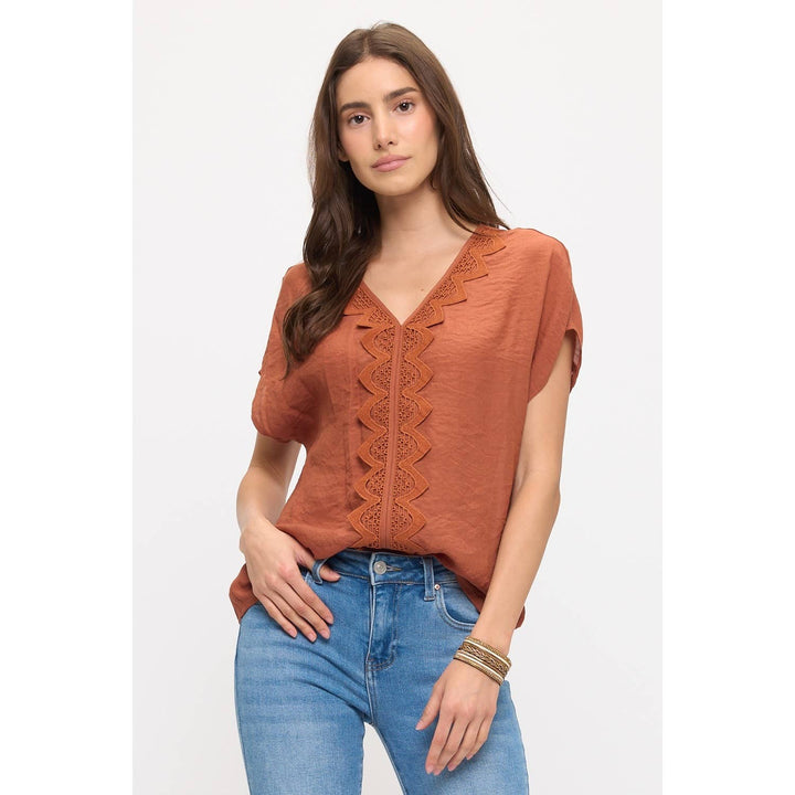 GAUZE VNECK CROCHET DOLMAN: Sunburn