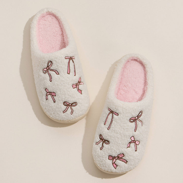 Pink Ribbon Pattern Embroidery Soft Slippers