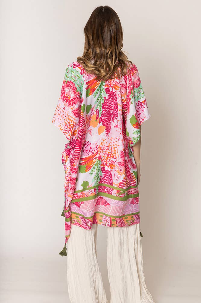 Floral Pattern Print Tassel Summer Kimono: Fuchsia