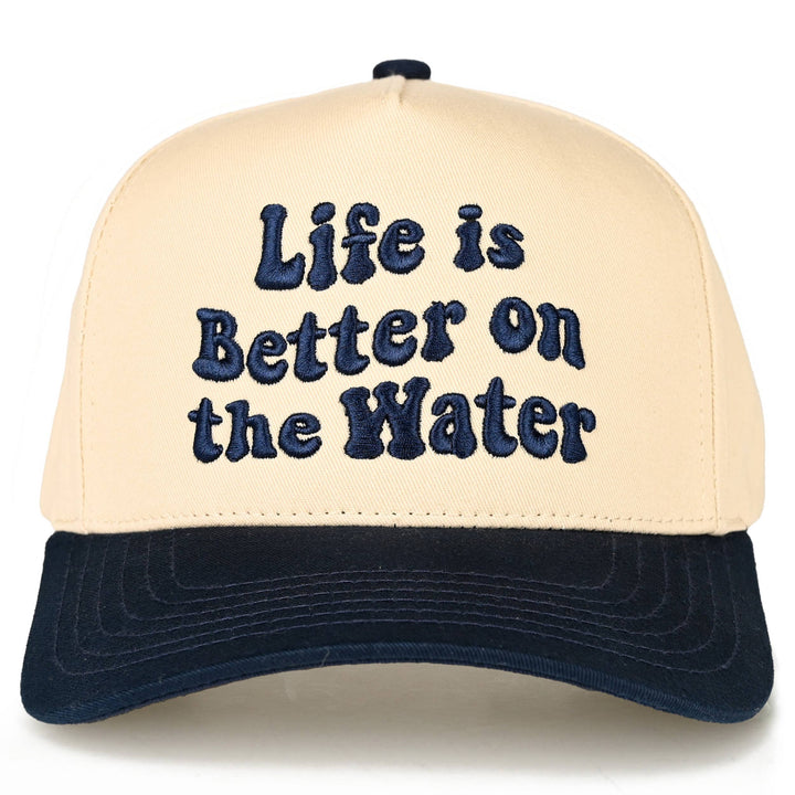 C.C LIFE IS BETTER ON THE WATER Letter Two Tone Trucker Hat: Sky Blue