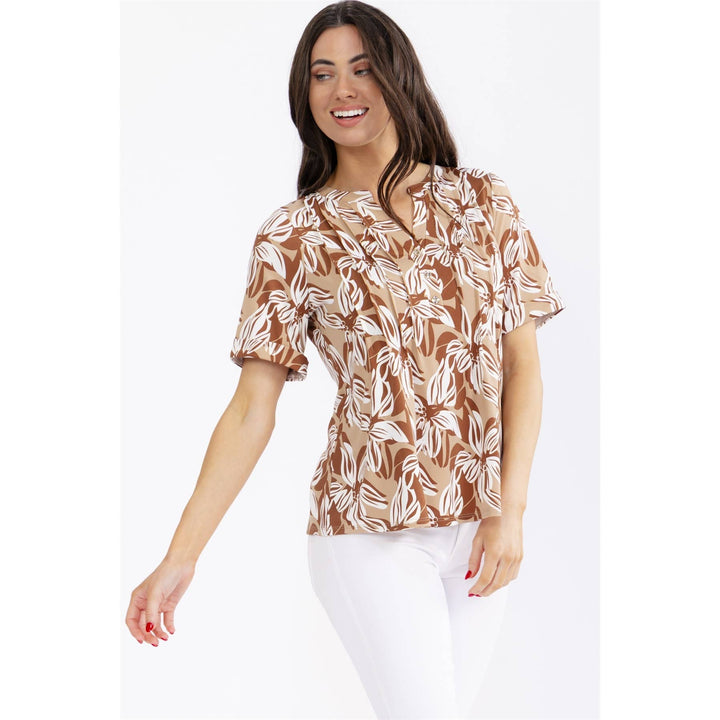 FLORAL BUTTON FRONT SHIRT: TAUPE/BROWN/IVORY