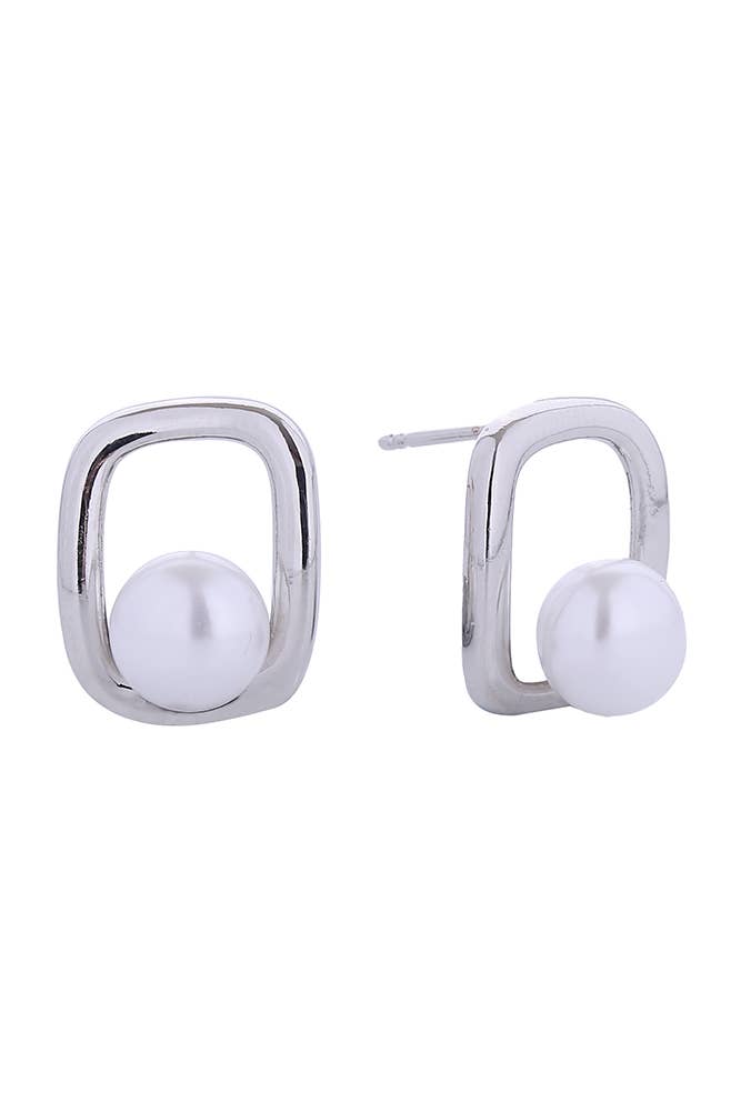 14K Square Pearl Post Earrings: White Gold