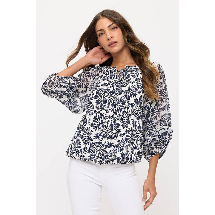 FLORAL MIX MEDIA LATTICE DETAIL BUBBLE HEM PEASANT: Cream/Navy