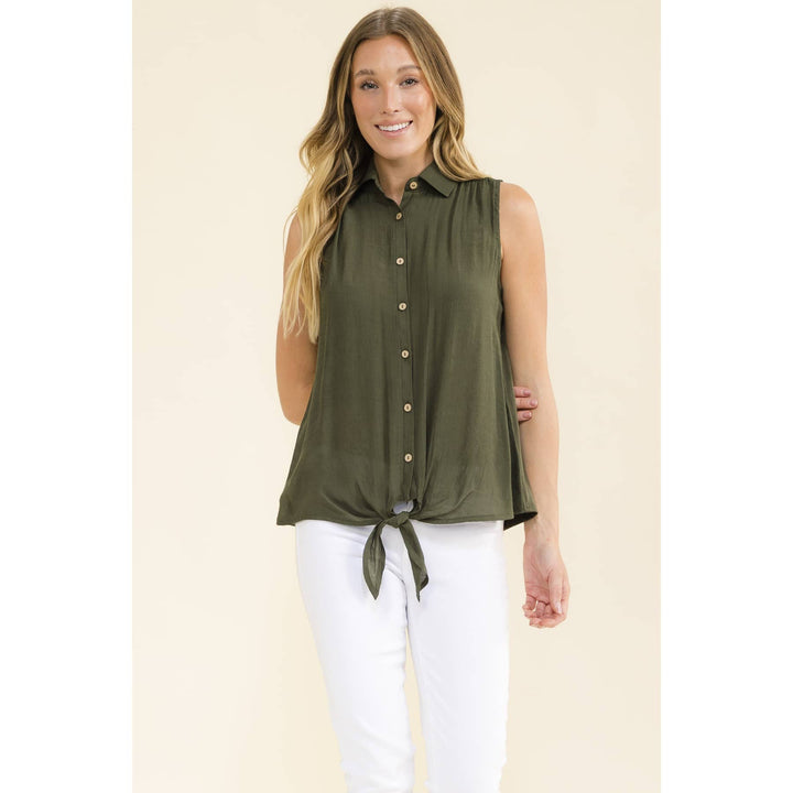 COLLAR TIE FRONT SHIRT: Olive Grey