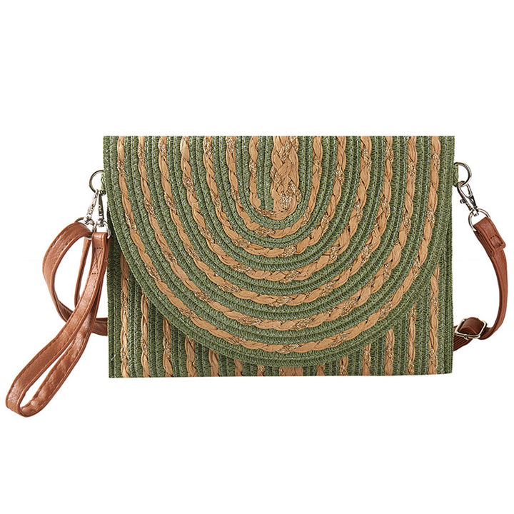 Gold Threads Mixed Striped Straw Clutch Crossbody Bag: Beige