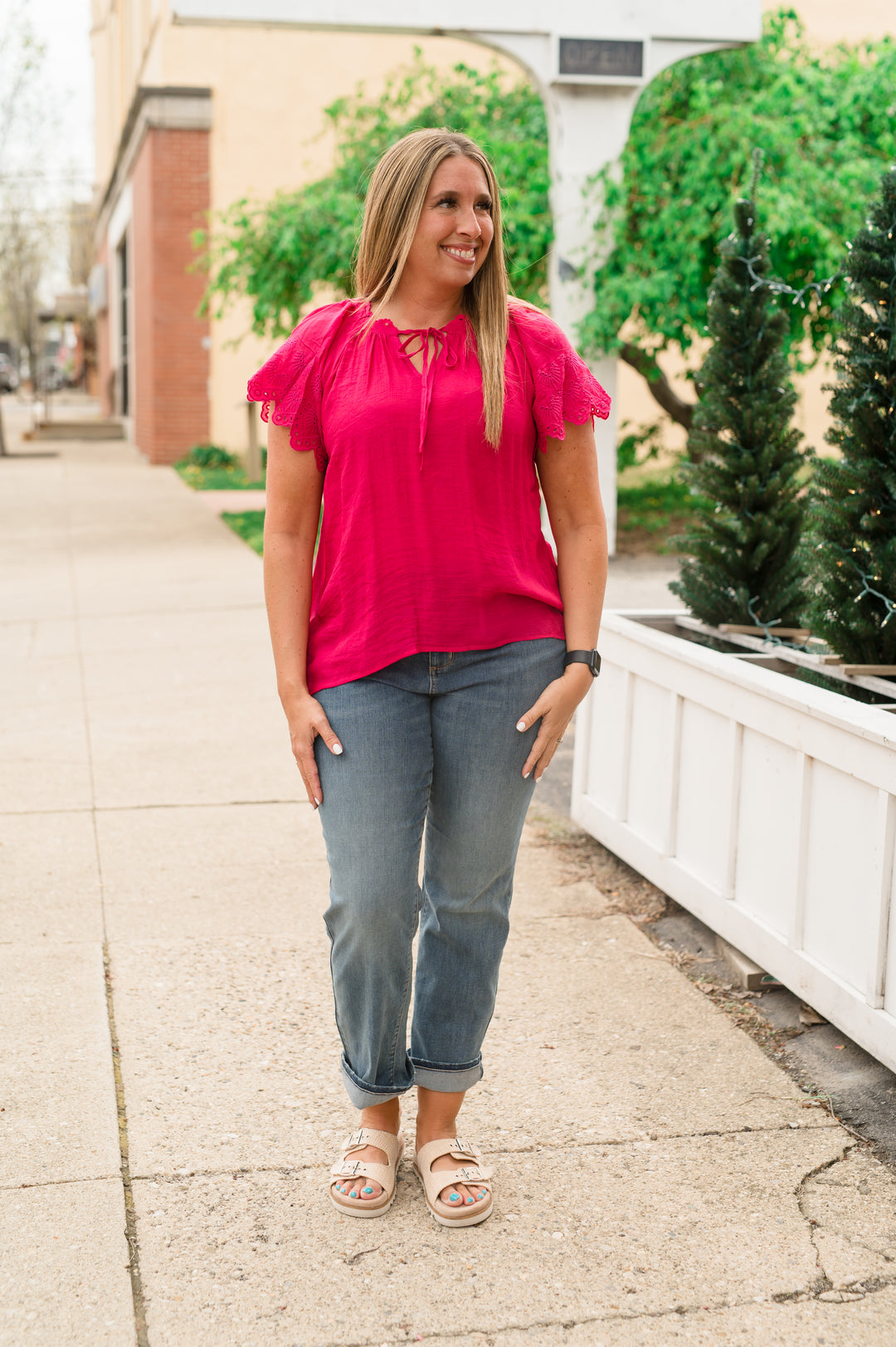 Tissue Faille Tie Front Blouse: Fuchsia