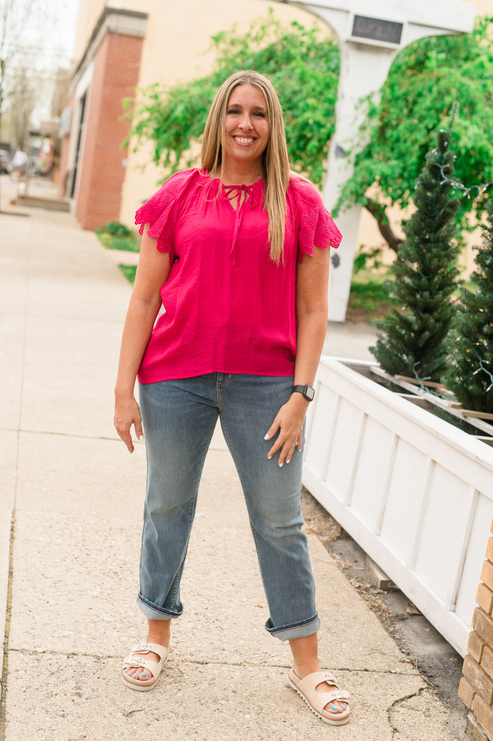 Tissue Faille Tie Front Blouse: Fuchsia