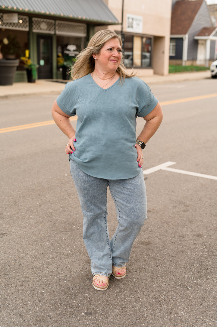 Matte Air Flow V-Neck Dolman Sleeve Tee: Denim Blue