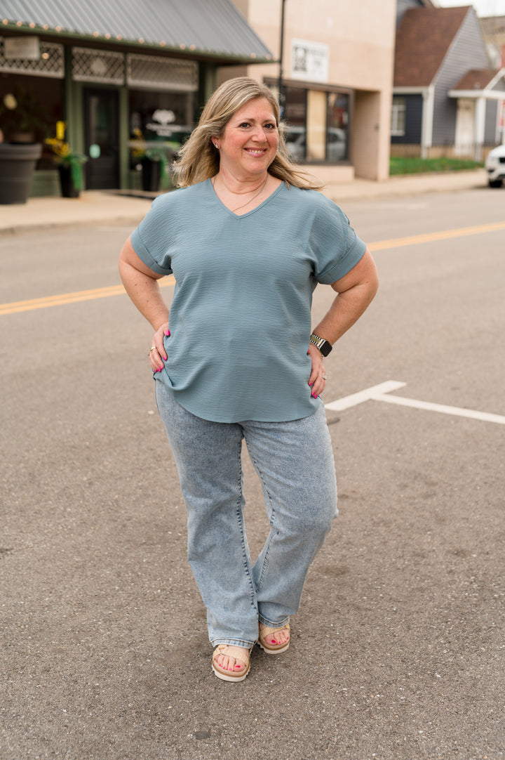 Matte Air Flow V-Neck Dolman Sleeve Tee: Denim Blue