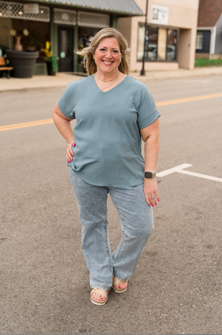 Matte Air Flow V-Neck Dolman Sleeve Tee: Denim Blue