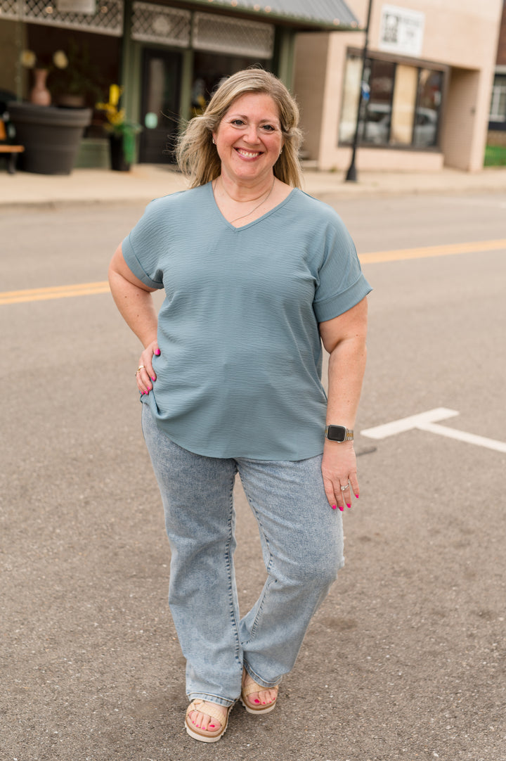 Matte Air Flow V-Neck Dolman Sleeve Tee: Denim Blue