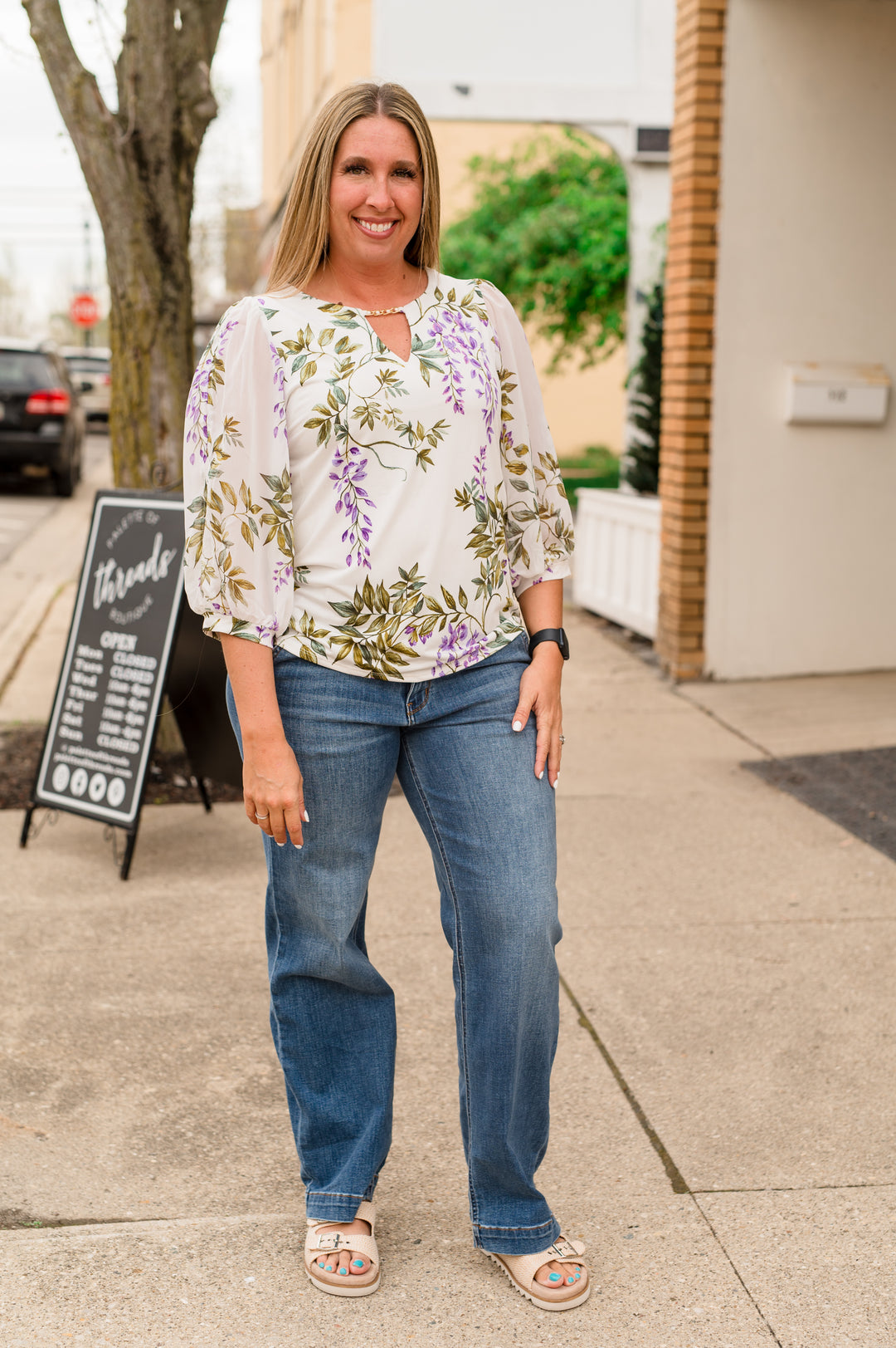 FLORAL MIX MEDIA BUTTON DOWN RUFFLE SHIRT: IVORY/BLUE/LAVENDER