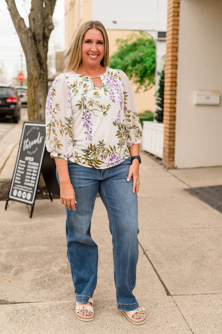 FLORAL MIX MEDIA BUTTON DOWN RUFFLE SHIRT: IVORY/BLUE/LAVENDER
