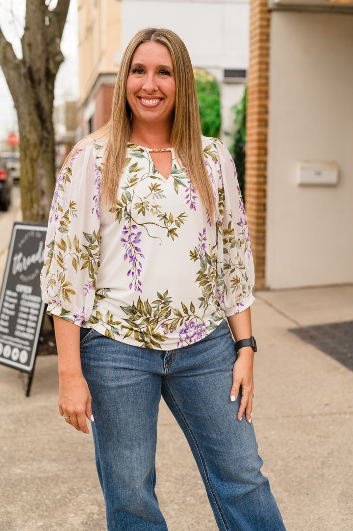 FLORAL MIX MEDIA BUTTON DOWN RUFFLE SHIRT: IVORY/BLUE/LAVENDER