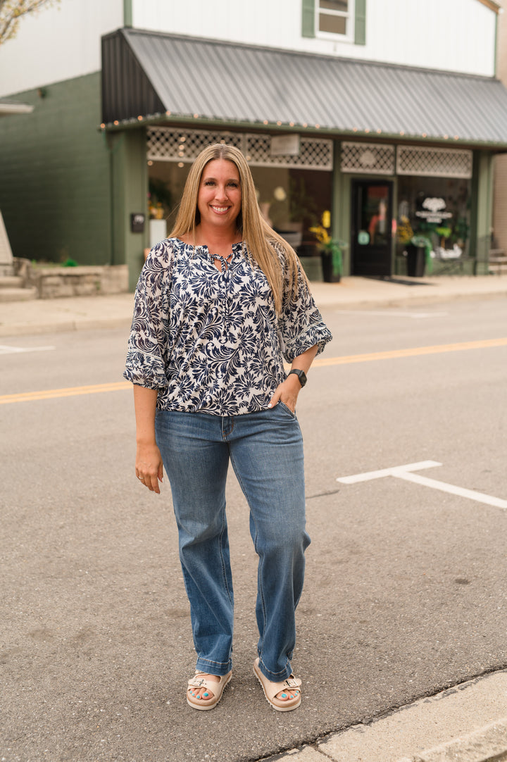 FLORAL MIX MEDIA LATTICE DETAIL BUBBLE HEM PEASANT: Cream/Navy